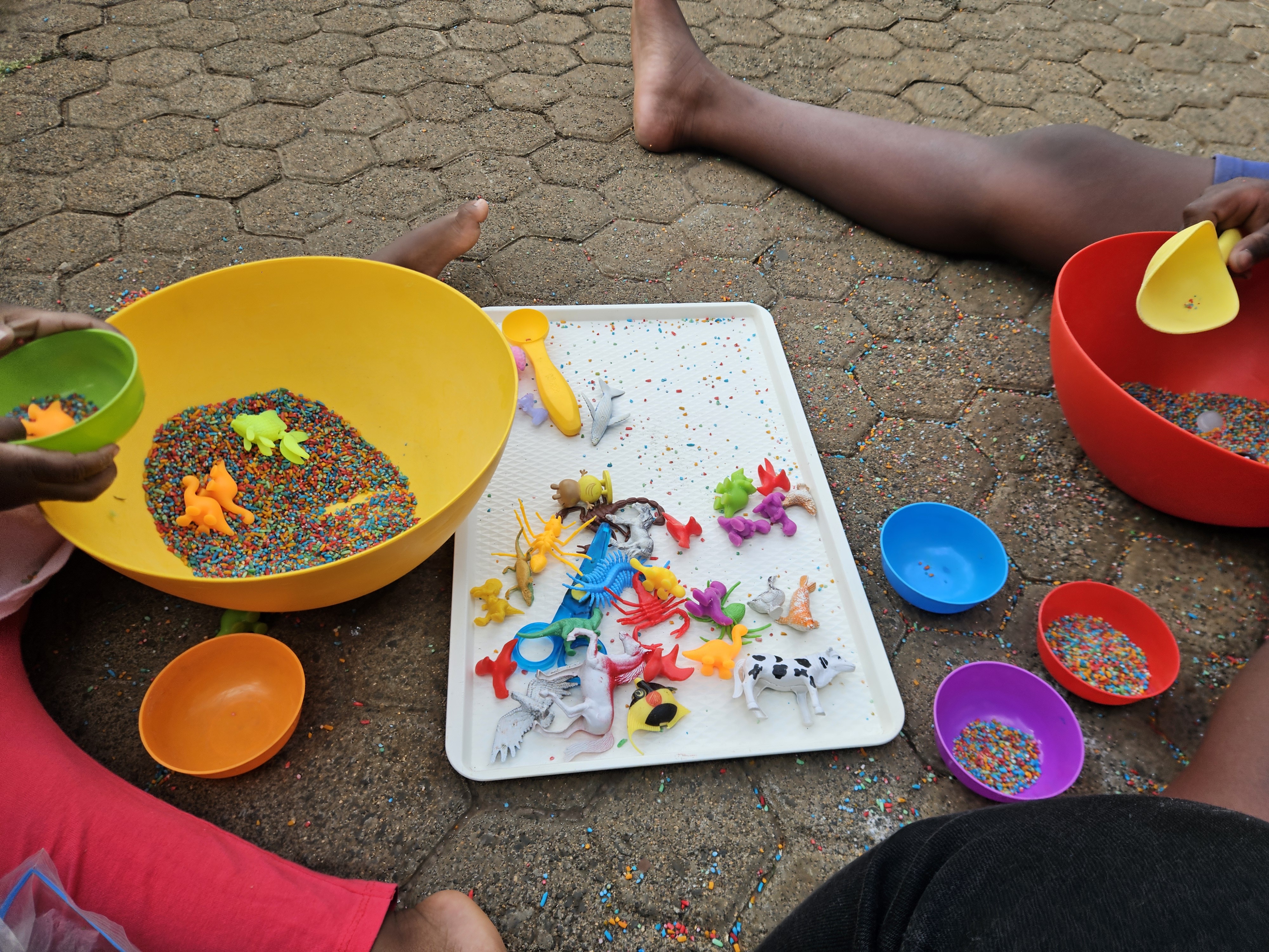 Sensory and play materials arranged for a child activity